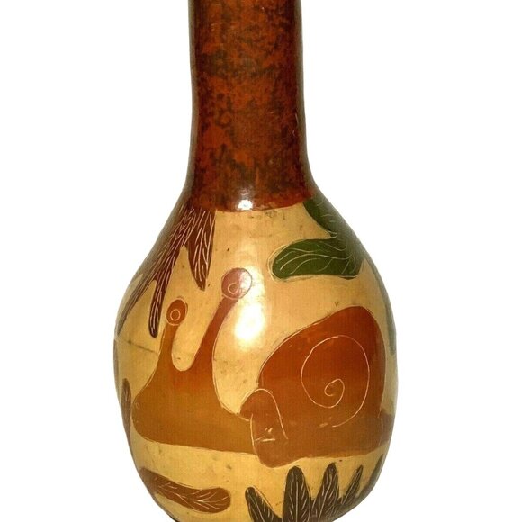 Unsigned primitive rustic brown tan rust decorative etched 9 inch pottery vase - Picture 1 of 5